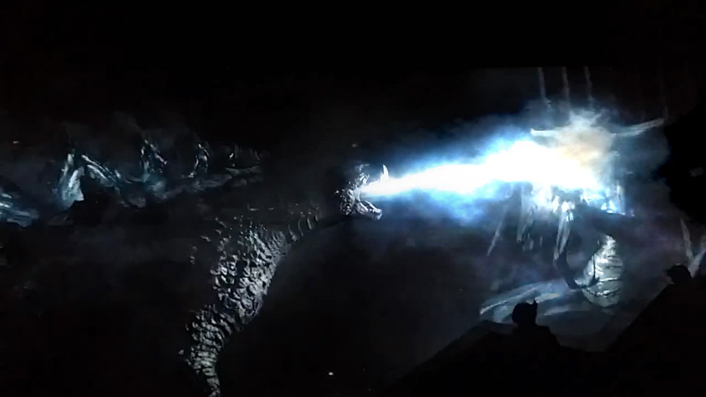 Godzilla 2014 shooting atomic breath to a Muto