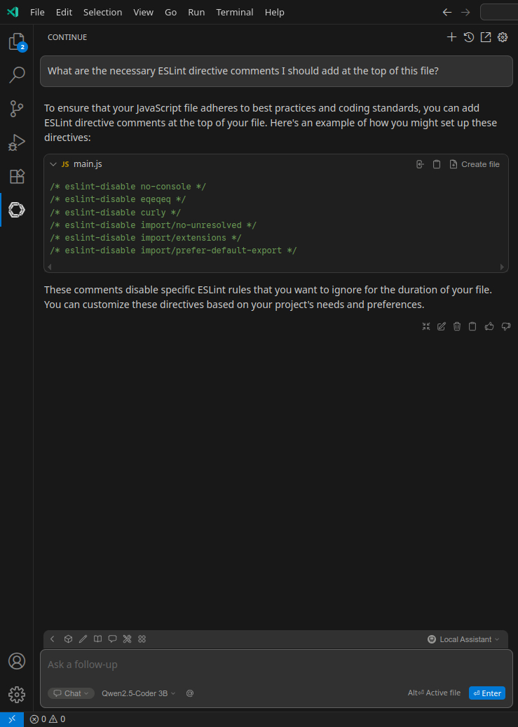 Continue.dev chat on Visual Studio Code